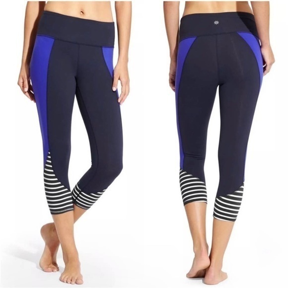 Athleta Blue Stripe High Rise Flow Stripe Chaturanga Capri Crop Leggings - Picture 1 of 11